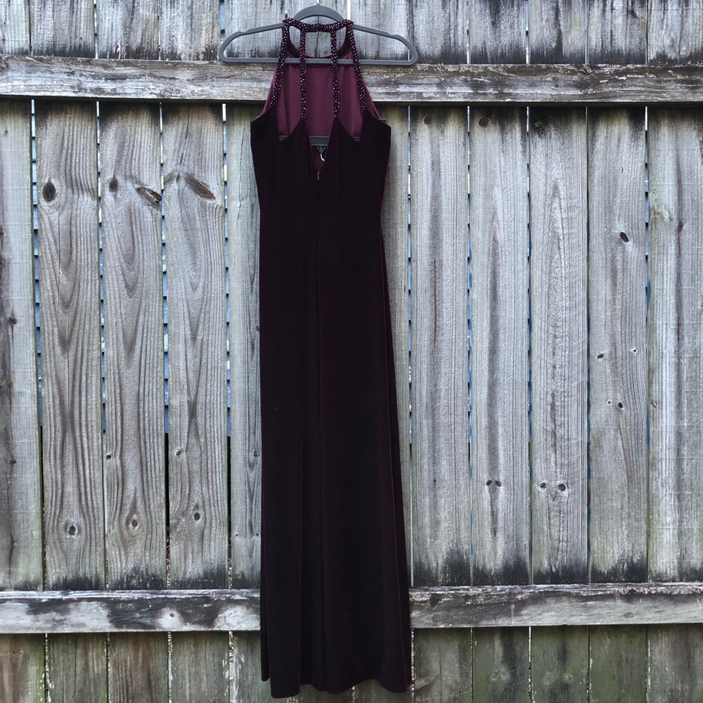 Vintage Reggio Maroon Velvet Maxi Dress Halter Beaded Strappy Wine Red - Picture 5 of 15